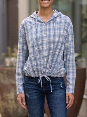 NWT | OLRAIN Blue Plaid Hooded Button Up Top Adjustable Tie Hem Hood | Large